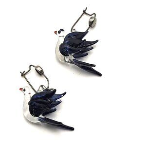 Vintage Glass Bird Dangle Drop Earrings Cobalt Blue & Clear Handcrafted